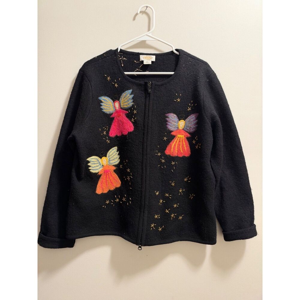 Vintage Talbots Women's Black 100% Wool Angel Embellished Zip Up Sweater Size XL